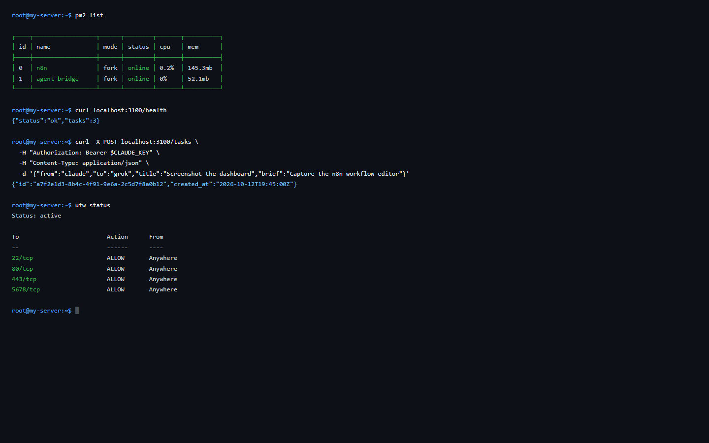 Terminal showing PM2 and bridge
